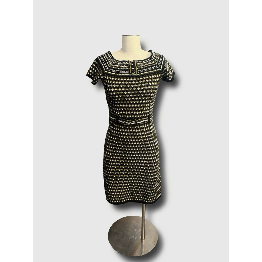 Maggy London Knit Sweater Dress S Black Yellow White Geometric Belted